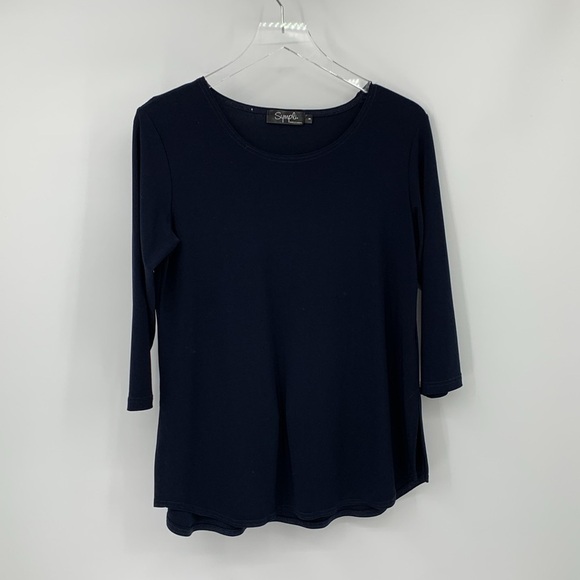Sympli jersey knit blouse shirt top navy blue long sleeve tunic slit 8 medium - Picture 1 of 4